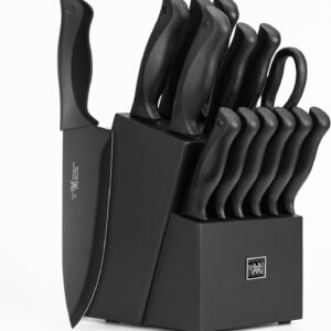 Knife Sets for Kitchen with Block, HUNTER.DUAL 15 Pcs Kitchen Knife Set with Block Self Sharpening, Dishwasher Safe, Anti-slip Handle, Black