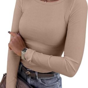 ANRABESS Women Long Sleeve Crewneck Rib Knit Slim Fit Shirts Basic Tee Tops 2024 Casual T-Shirt Going Out Workout Outfits