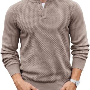 COOFANDY Men's Quarter Button Sweater Lightweight Mock Neck Pullover Sweater Fashion Casual Knitted Waffle Henley Sweater